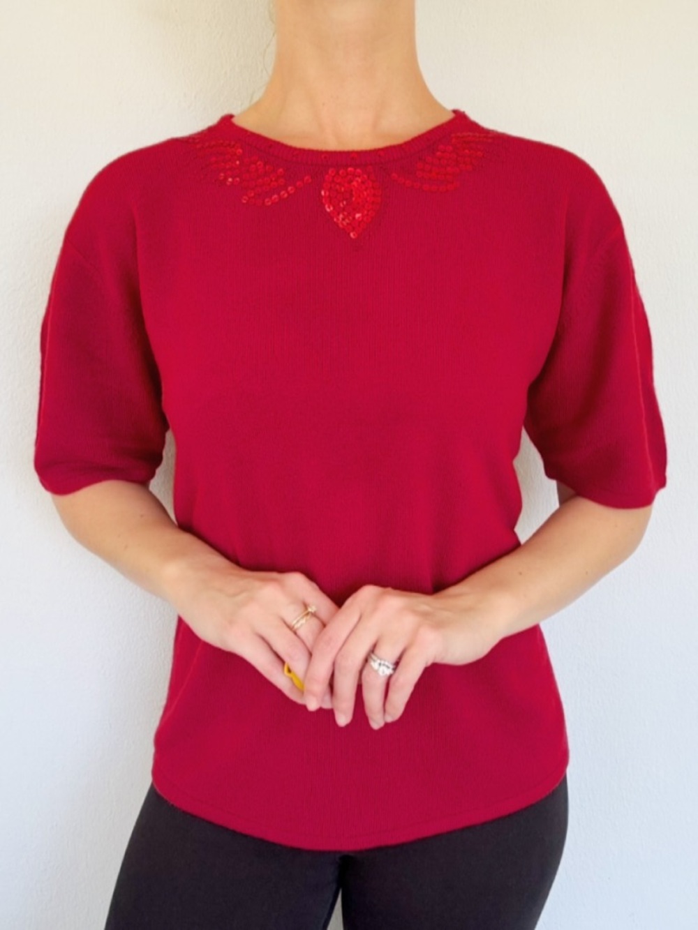 Vintage United States Sweaters red sequin embroidered neckline sweater medium